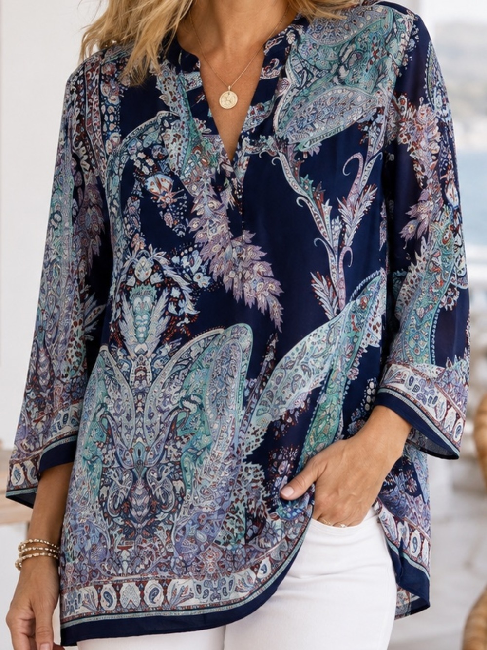 Violet & Claire Sheer Paisley Blouse Size Large NWOT Boho Split Neck